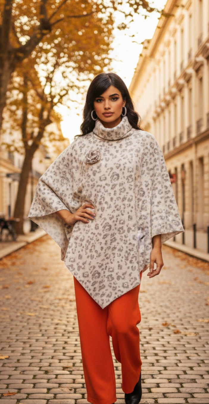 Women's Leopard Print Poncho Turtleneck Fleece Pullover / Cream & Brown