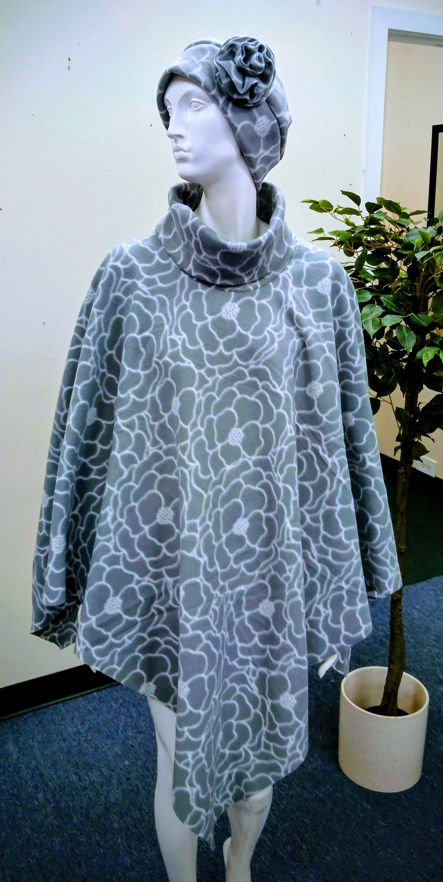 Grey & White Floral Poncho with Matching Hat- Elegant Women's Formal Wear