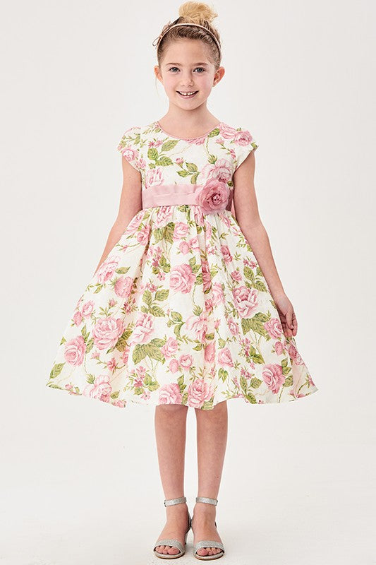Little Girls Pink Flower Jacquard Print Dress - Little N Kute Boutique