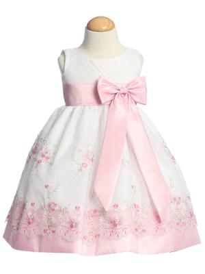 White Organza Easter Dress with Embroidery and Matching Taffeta Waistband, Sash, and Bow - Little N Kute Boutique