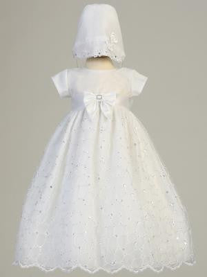 Baby Girls Baptism Embroidred Organza Baptism Gown w/ Sequins - Little N Kute Boutique