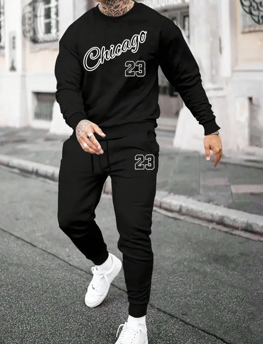 Men's Chicago 23 Casual Sweatshirt & Joggers Set - Cozy Polyester, Round Neck, Perfect for Fall/Winter