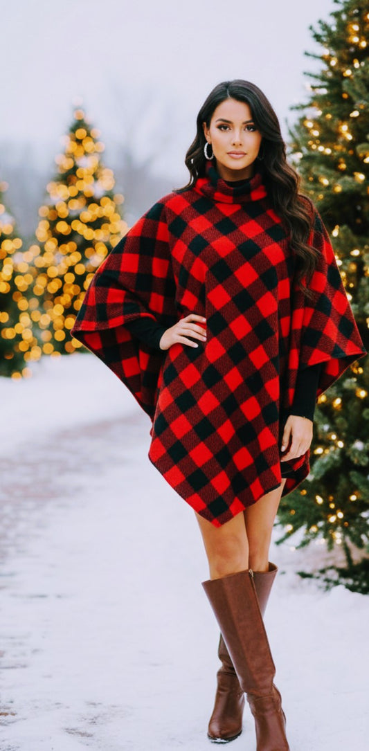 Buffalo Check Cowl Neck Poncho Handmade