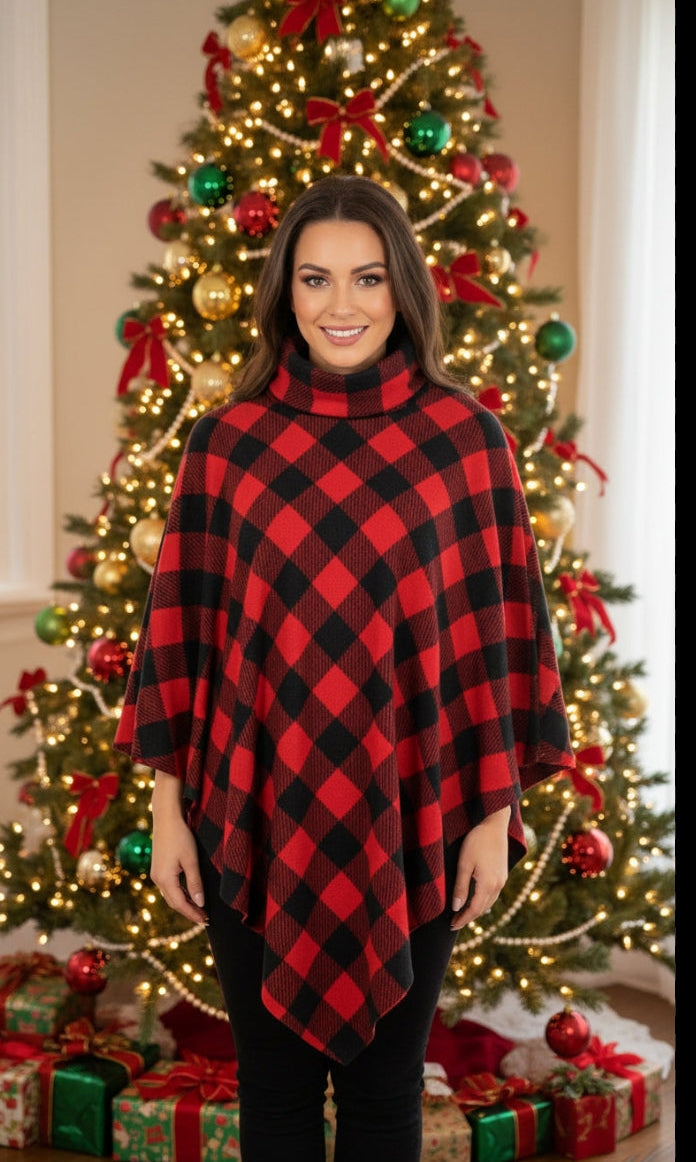 Red Buffalo Check Turtleneck Poncho - Cozy Fleece Cowl Neck | Women's Plaid