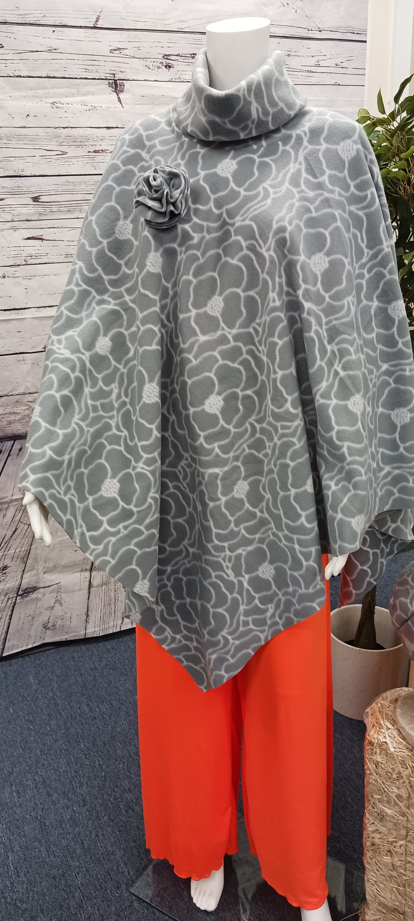 Grey & White Floral Poncho with Matching Hat- Elegant Women's Formal Wear