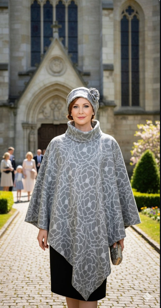 Grey & White Floral Poncho with Matching Hat- Elegant Women's Formal Wear