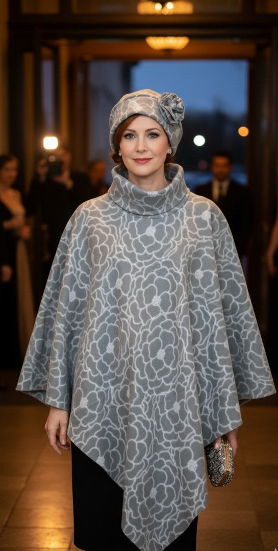 Grey & White Floral Poncho with Matching Hat- Elegant Women's Formal Wear