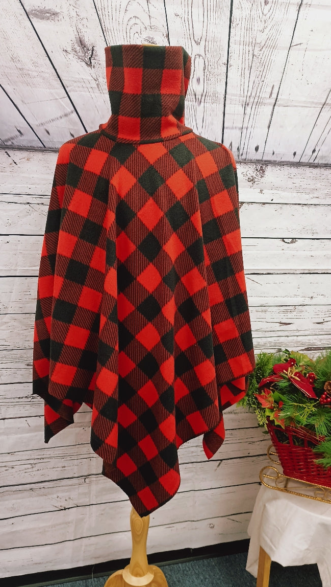 Red Buffalo Check Turtleneck Poncho - Cozy Fleece Cowl Neck | Women's Plaid