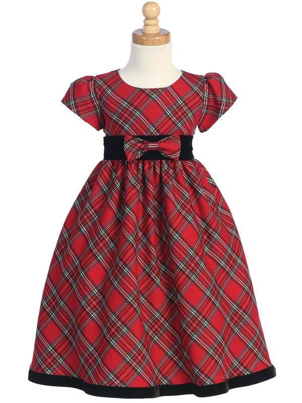 Girls Plaid Holiday Dress with Velvet Trim - Little N Kute Boutique