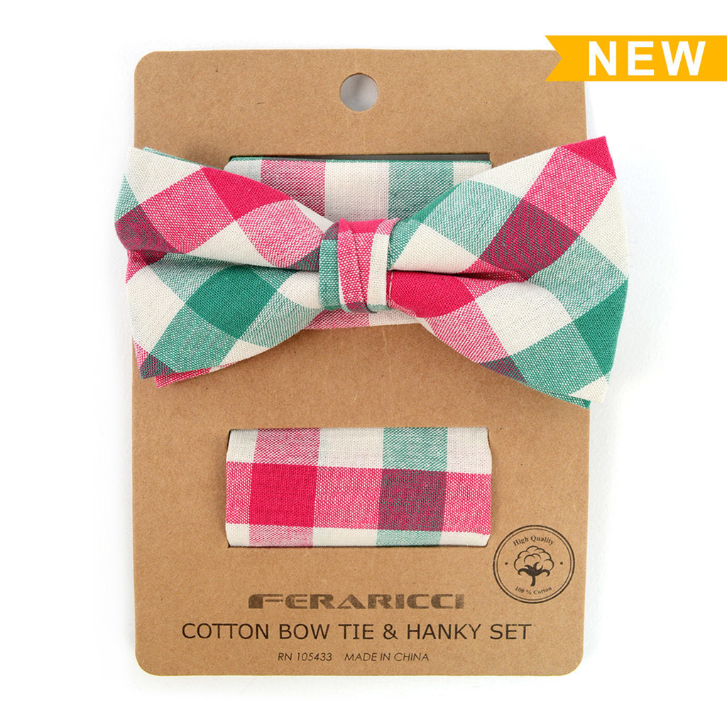 Men's Pink Green Plaid Cotton Bow Tie & Matching Pocket Square - Little N Kute Boutique