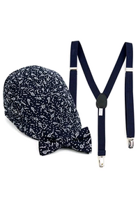 Boy's Navy Clip-on Bow Tie Suspender Floral Pattern,Matching Ivy Hat Set (4-7 Years - Little N Kute Boutique