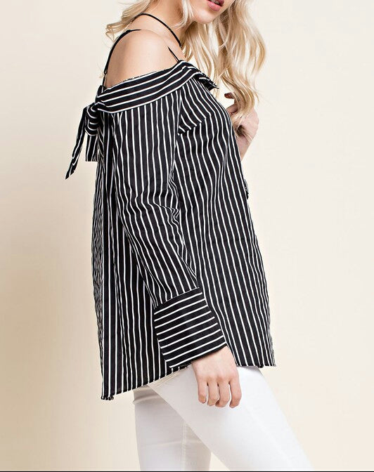 Black And White Stripe Off The Shoulder Blouses - Little N Kute Boutique