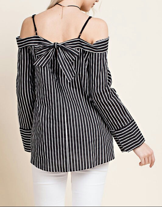 Black And White Stripe Off The Shoulder Blouses - Little N Kute Boutique