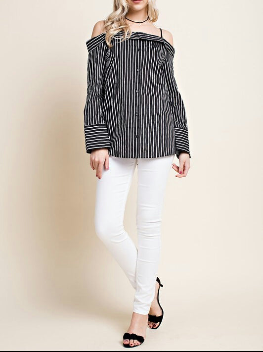 Black And White Stripe Off The Shoulder Blouses - Little N Kute Boutique