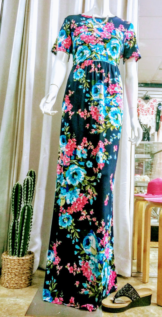 Women's Maxi Dresses Navy - Navy & Teal Floral Racerback Maxi Dress - Women - Little N Kute Boutique