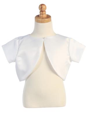 LITTLE GIRLS WHITE SHORT SLEEVED ONE BUTTON CLOSURE SATIN BOLERO JACKET 2-14 - Little N Kute Boutique