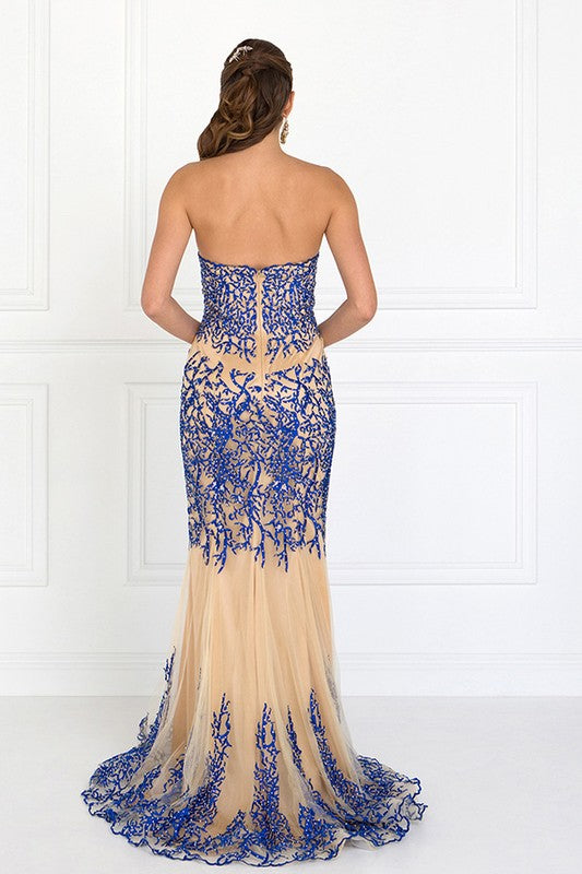 BLUE/NUDE STRAPLESS BEADED MERMAID GOWN BY ELIZABETH   - Little N Kute Boutique