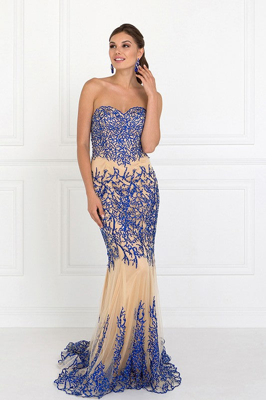 BLUE/NUDE STRAPLESS BEADED MERMAID GOWN BY ELIZABETH   - Little N Kute Boutique