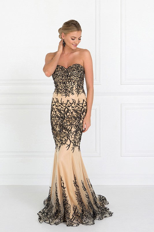 BLACK/NUDE STRAPLESS BEADED MERMAID GOWN BY ELIZABETH K  - Little N Kute Boutique