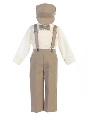 Khaki Longsleeves Boys Suspender Pants Set w/ Hat - Little N Kute Boutique