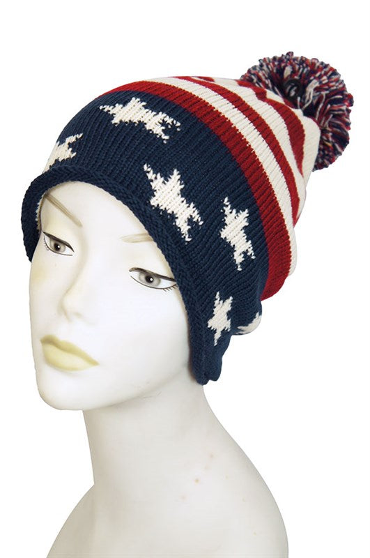 Vintage Red White & Blue American Flag Knit Pom Pom Beanie Hat - Little N Kute Boutique