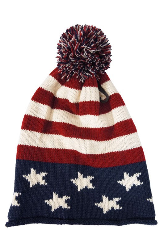 Vintage Red White & Blue American Flag Knit Pom Pom Beanie Hat - Little N Kute Boutique