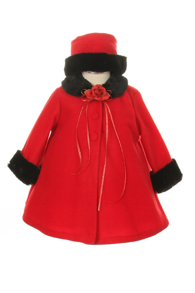 Red Black Fleece Faux Fur Collar Stylish Coat Baby Girl 6-24M - Little N Kute Boutique