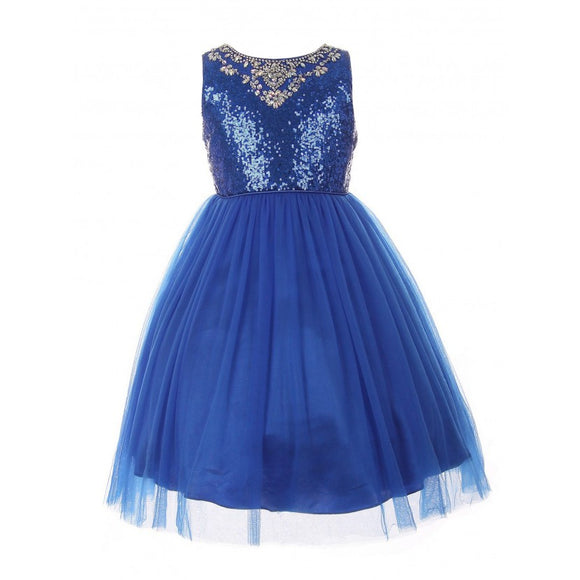 LITTLE GIRLS ROYAL BLUE  DRESS SEQUIN RHINESTONE SATIN TULLE FLOWER GIRL  2-6 - Little N Kute Boutique