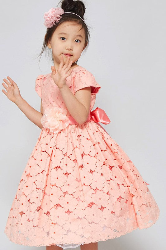 Girls Coral Floral lace Dress - Little N Kute Boutique