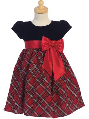 Lito Baby Girls Red Black Velvet Plaid Taffeta Bow Christmas Dress Size 2T-10 Y - Little N Kute Boutique