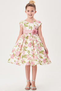 Little Girls Pink Flower Jacquard Print  Dress - Little N Kute Boutique