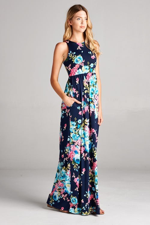 Women's Maxi Dresses Navy - Navy & Teal Floral Racerback Maxi Dress - Women - Little N Kute Boutique