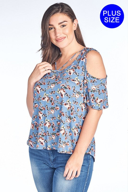 Caged Neck Cold Shoulder Floral Top  For Plus Women - Little N Kute Boutique