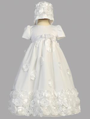 Baby Girls White Floral Ribbon Tulle Dress bonnet Baptism set set CG-006 - Little N Kute Boutique