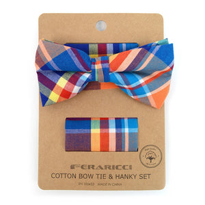 Men's Plaid Cotton Bow Tie & Matching Pocket Square - Little N Kute Boutique
