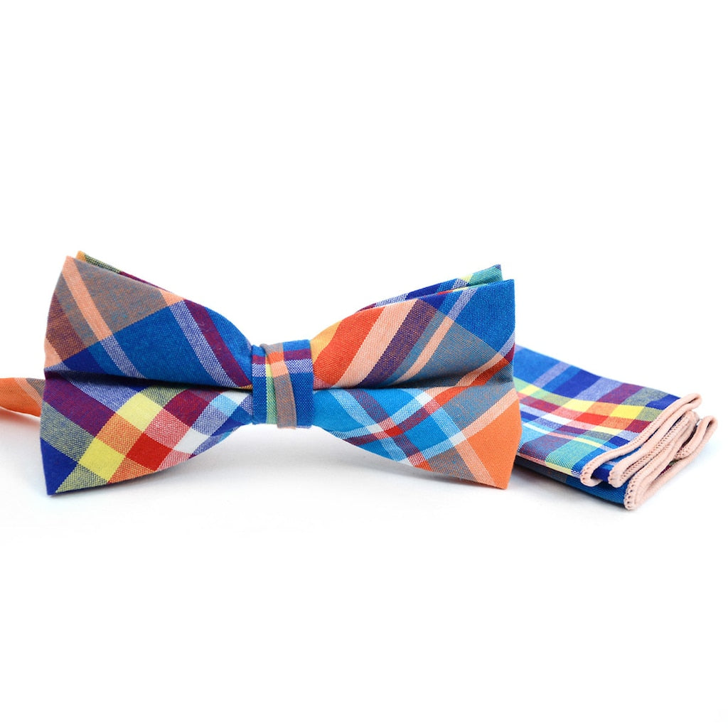 Men's Plaid Cotton Bow Tie & Matching Pocket Square - Little N Kute Boutique