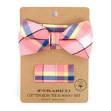 Men's Pink Plaid Cotton Bow Tie & Matching Pocket Square - Little N Kute Boutique
