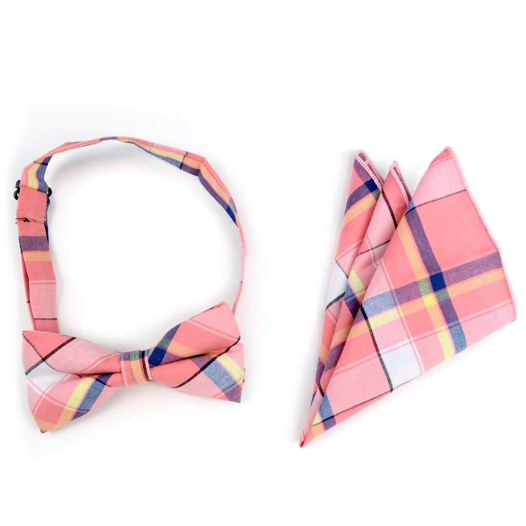 Men's Pink Plaid Cotton Bow Tie & Matching Pocket Square - Little N Kute Boutique