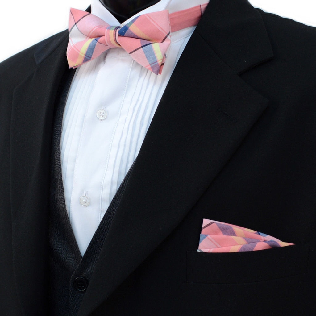 Men's Pink Plaid Cotton Bow Tie & Matching Pocket Square - Little N Kute Boutique