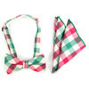 Men's Pink Green Plaid Cotton Bow Tie & Matching Pocket Square - Little N Kute Boutique