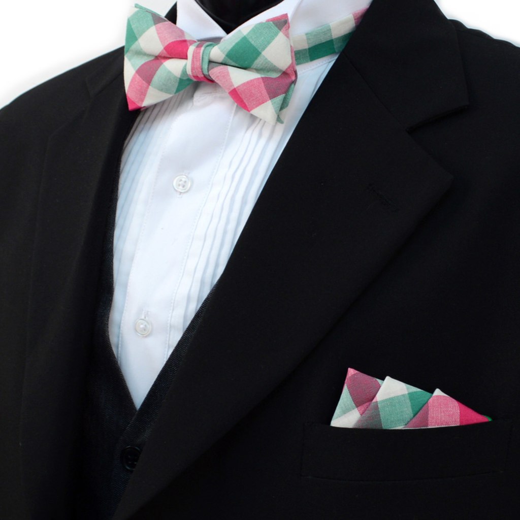 Men's Pink Green Plaid Cotton Bow Tie & Matching Pocket Square - Little N Kute Boutique