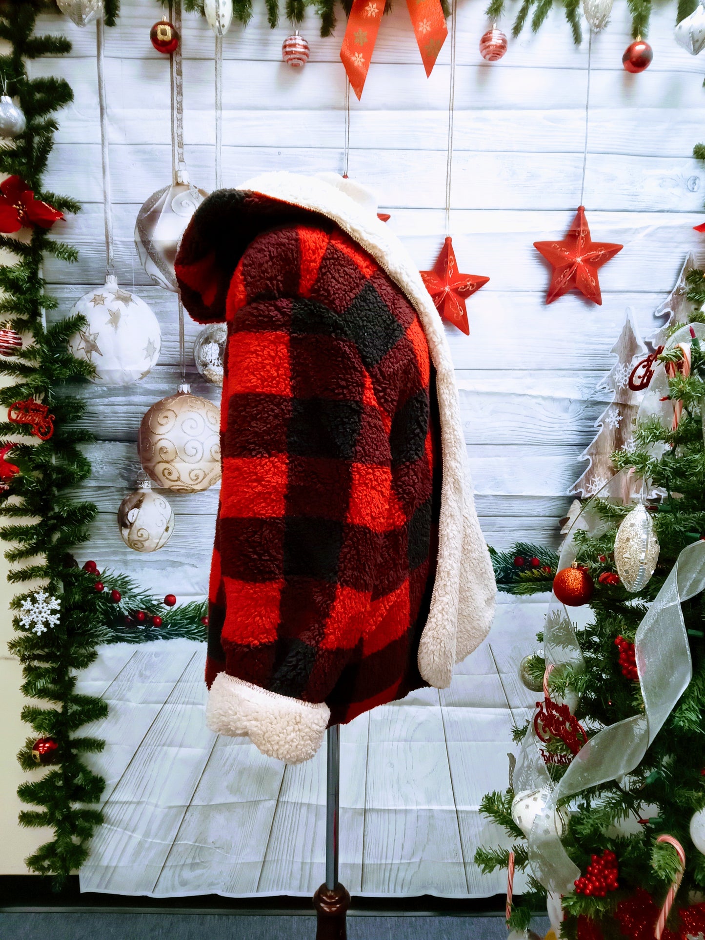 Plaid Fuzzy Red & Black Buffalo Check Sherpa Reversible Coat