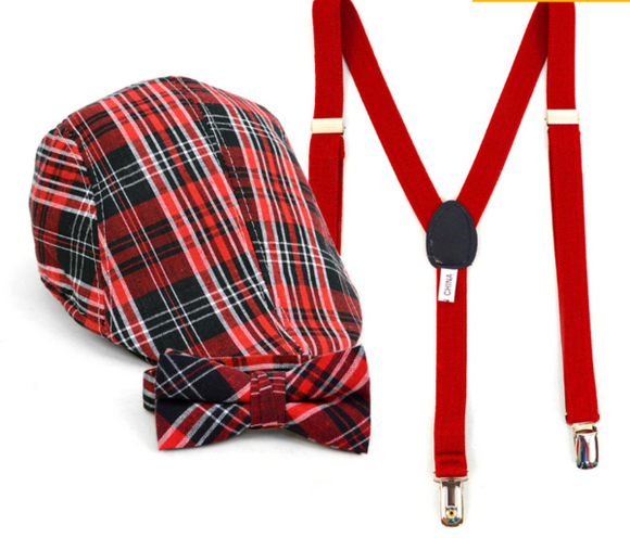 Boy's Red Plaid Clip-on Bow Tie Suspender, Matching Ivy Hat Set (4-7 Years - Little N Kute Boutique