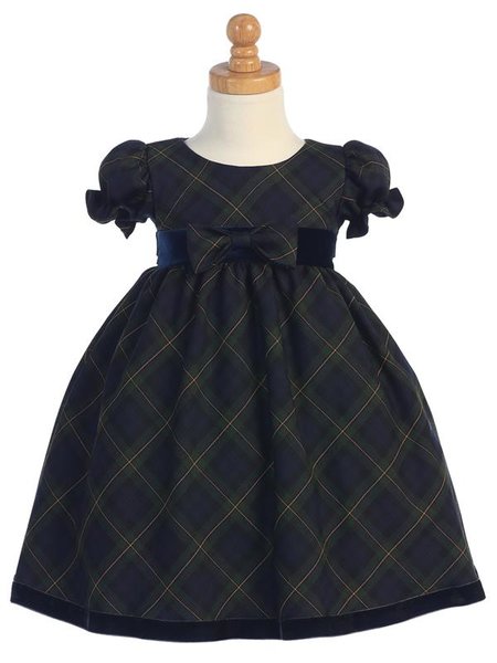 Green Plaid Girls Dress w/ Velvet Trim - Little N Kute Boutique