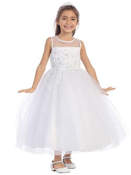 Girls White Dress Illusion Neckline w/ Lace Embellishment - Little N Kute Boutique