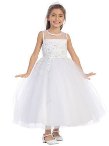 Girls White Dress Illusion Neckline w/ Lace Embellishment - Little N Kute Boutique