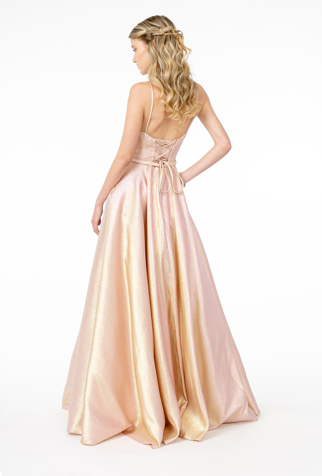 Glitter Spaghetti Straps Open Back A-Line Gown