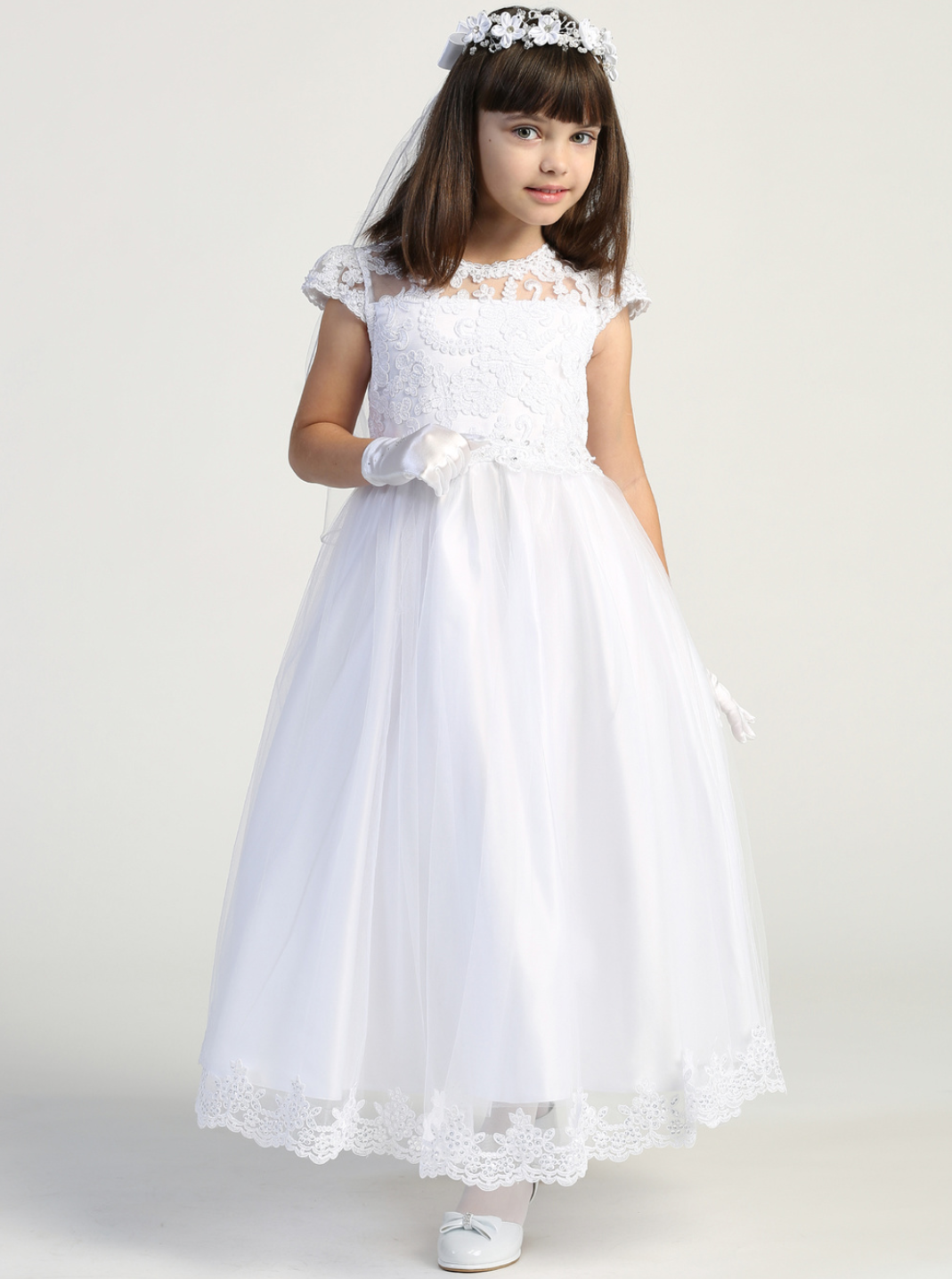 First Communion Dress Embroidered Lace Bodice Cap Sleeves LNKSP712