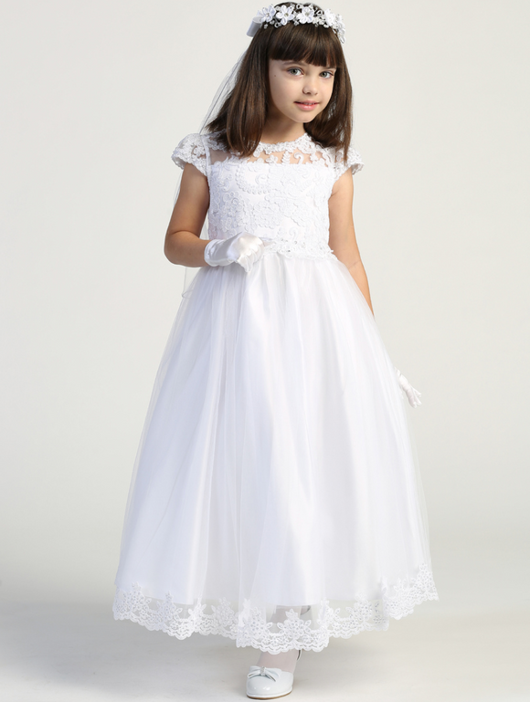 First Communion Dress Embroidered Lace Bodice Cap Sleeves LNKSP712