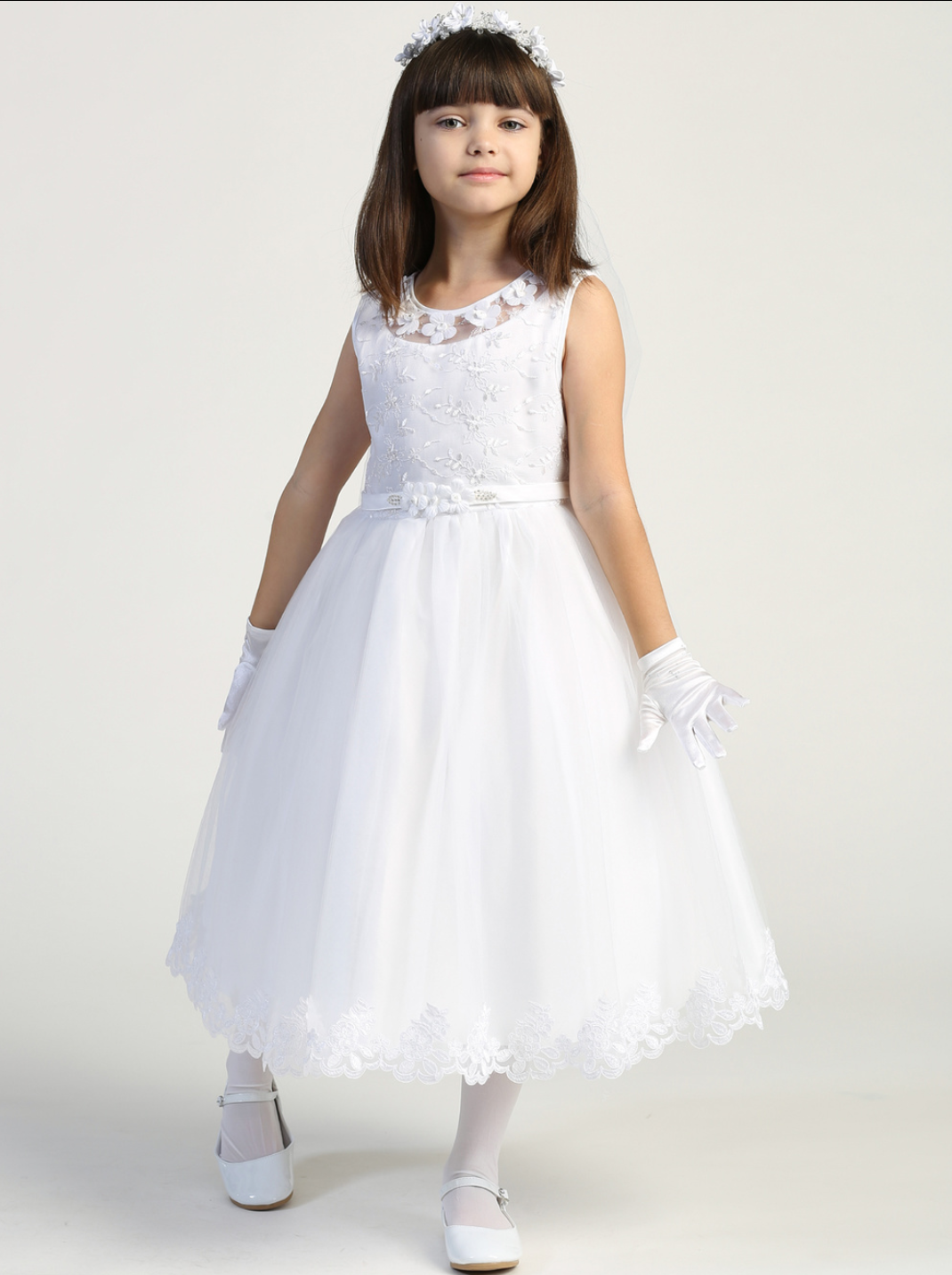 Embroidered First Communion Dress with Flower Neckline LNKSP646